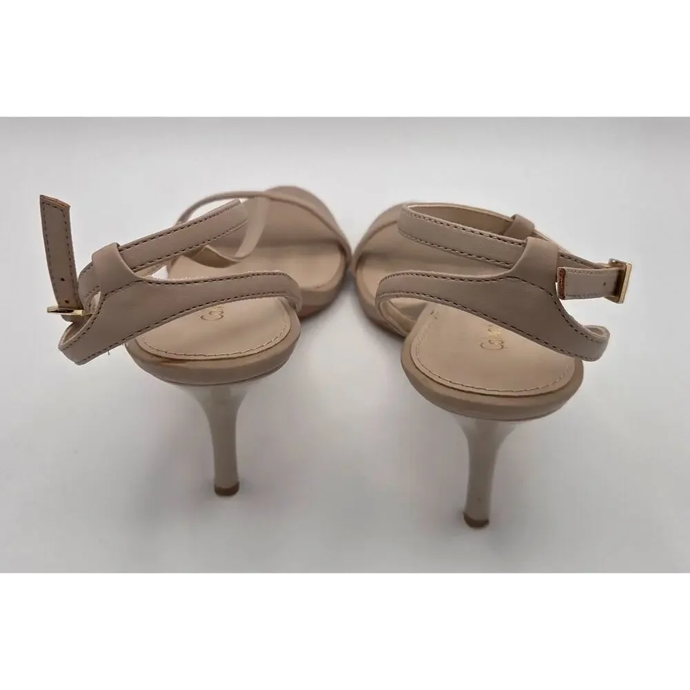 NEW IN BOX Calvin Klein Lola T-Strap Heels Nude Beige Strappy Sandal 9.5 NIB